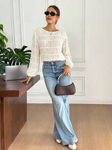 Serisse Áo kiểu nữ màu trơn cổ tròn tay phồng xếp ly, áo kiểu Pháp cổ tròn nhún bèo, áo voan dài tay dáng rộng xếp nếp, thanh lịch mùa thu, áo kiểu nữ sang trọng, áo sơ mi dài tay màu trắng, áo kiểu thêu lỗ cho nữ, áo voan chiffon phối ren màu mơ thanh lịch cho nữ mùa thu/đông, áo trắng, áo tốt nghiệp, áo giáo viên, áo đi học, áo kiểu nữ thanh lịch, B2 phong cách thường ngày mùa xuân - Màu be - Xem 6