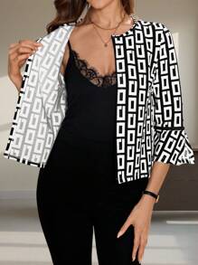 SHEIN Clasi Veste pour femme à manches ouvertes imprimée géométrique noir et blanc