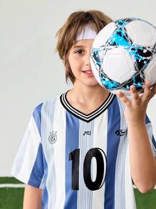 JNSQ 返校青少年男孩户外运动球衣 T 恤和短裤套装，儿童 V 领趣味字母和数字印花专业户外运动制服套装