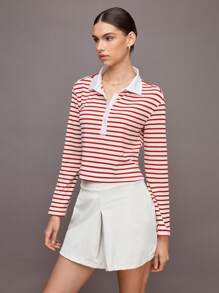 Activina 女式条纹长袖休闲运动 Polo 衫 - 紅白色 - 查看 4