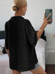 DAZY Áo thun polo tay ngắn cổ tròn họa tiết khoét lỗ mùa hè dành cho nữ - màu đen - Xem 5