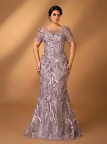 Serin Plus Size Elegant And Gorgeous Lotus Pink Round Neck Short Sleeves Sequin Embroidery Luxury Drilling Beading Craftsmanship Slim Fishtail Hem Suitable For Dinner Bachelorette Party Date Holiday Dance Wedding Event Bride Mother Dress Formal Dresses For Wedding Guest