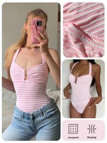 CovetEZ Body a rayas rosa para mujer con cuello halter y silueta favorecedora