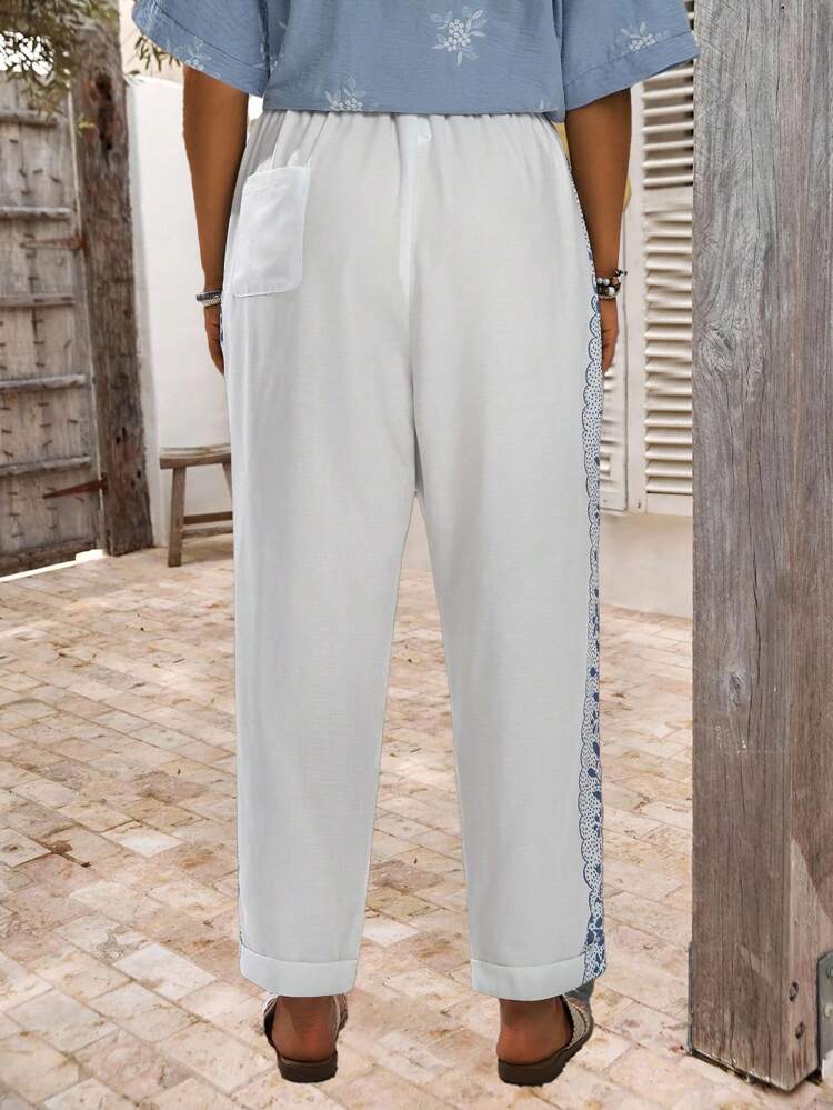 Plus Size Women Summer And Fall Casual Elastic Waist Floral Print White Pants Trousers With Pockets, Summer Holiday,Vacation,Simple And Fashionable For Everyday Wear,Vacay Vibes,Springbreak,Casual Wear,Bohemia,Fall