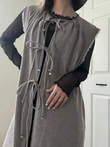 FRIFUL Blouse en denim décontractée et polyvalente pour femmes, avec col et ourlet en forme de nœud, de couleur gris clair, style ample et élégant