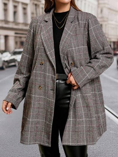 SHEIN Clasi Plus Size Women Plaid Long Sleeve Coat Plaid Blazer Women Long Blazer Plaid Coat Tweed Blazer Winter Fall Autumn