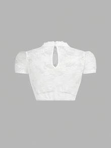 SHEIN Frenchy Women's Elegant White Floral Lace Trimmed Short Sleeve Top,Stand Collar Puff Cropped Blouse For Summer Party,Oktoberfest Dirndl Tracht Bierfest Tops - White - View 8