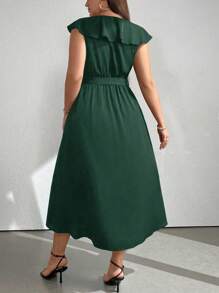 Vionelle Plus Size Solid Color V-Neck Ruffle Trim Party Dress Maxi Women Outfit