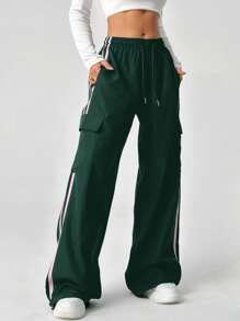 SHEIN EZwear Women's Casual Olive Green Drawstring Waist Striped Side Pocket Pants - Dark Green - View 3