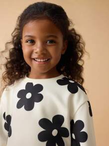 Maija Kids Maija Kids 2件組少女花卉圖案圓領長袖運動衫與黑色緊身褲，秋季開學花卉少女套裝 - 白色 - 查看 5