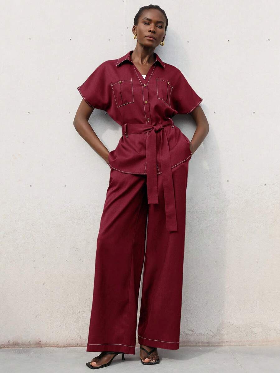 Aveloria Modichic 2 piezas Conjunto de Top de cintura ceñida y Bottom de estilo relajado casual - Burdeos - Ver 1