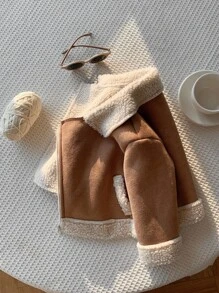 SHEIN Baby Boy Khaki Patchwork Fluffy Thickened Suit Collar Jacket, Fall Autumn/Winter