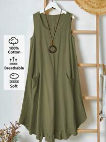 Rusticease 大码乡村风格无袖口袋褶边 A 字及膝连衣裙，黄色，春夏 - 軍綠色 - 查看 4