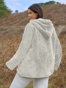 EURMUSE 休闲纯黑色泰迪毛皮拉链连帽夹克