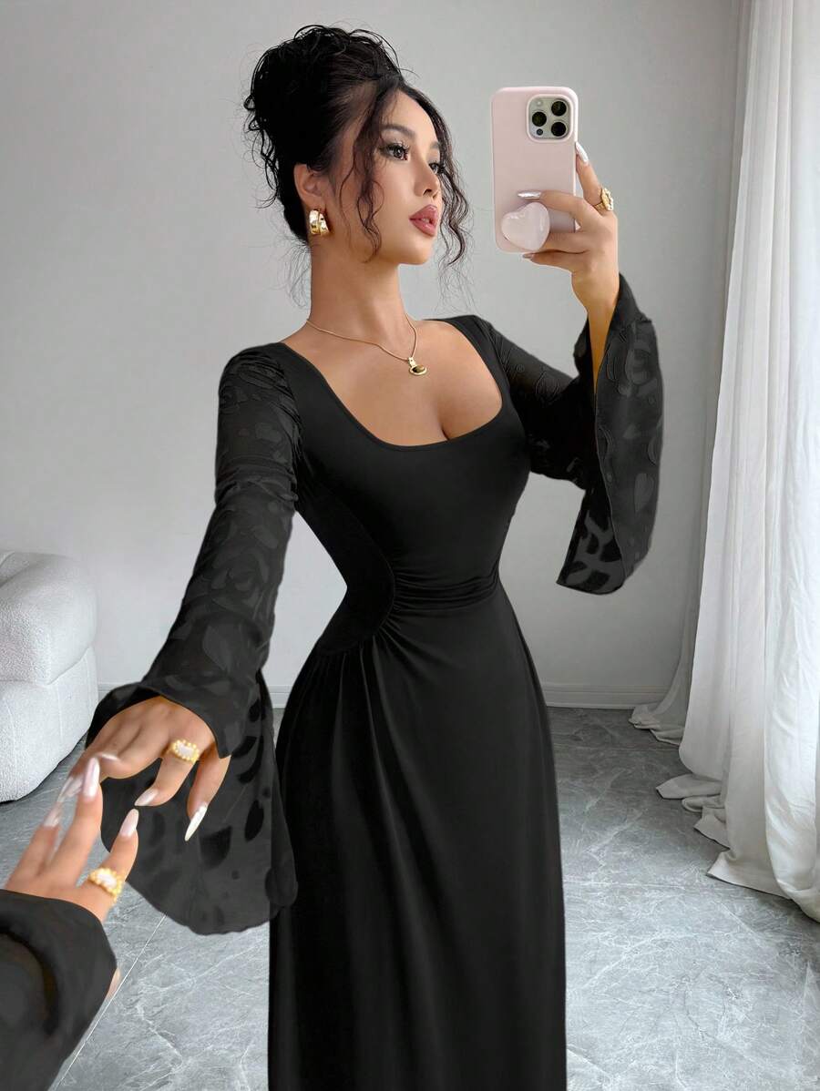 Selianne 新季法式黄色长袖方领女装，修身剪裁设计，优雅精致的提花网眼长袖连衣裙