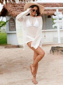 SHEIN Tall Women's Hollow Out Shoulder Off Shoulder Casual Knit Cover Up, Versatile For Spring, Summer, Autumn Holiday & Vacation Knit Pullover Fall Winter - Apricot - View 5