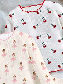 SHEIN 4pcs Newborn Infant Casual Cartoon Pattern Long Sleeve T-Shirt Set, Summer Baby Girl Clothes Cherry Baby Girl Ballerina Outfit Cherry Baby Outfit Baby Pajama Sets Baby Set Autumn Winter Season Graphic Fall