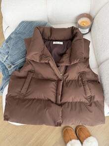 SHEIN 青少年女孩拉链厚背心，带口袋，女士保暖冬季夹克 - 棕色 - 查看 4