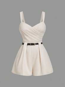SHEIN MOD Plus Size Apricot Wrap-Style Sleeveless Jumpsuit With Belt Decoration..Romper With Belt. Short Romper. Cream Outfit Women. Dress Romper,Back To School - Apricot - View 5