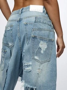 SUMWON Plus Size Baggy Wide Leg Jeans Distressed Layered Cut Overlay Fashion Streetwear Fall Winter Festival Casual Daily Wear Denim Pants - Blue - View 7