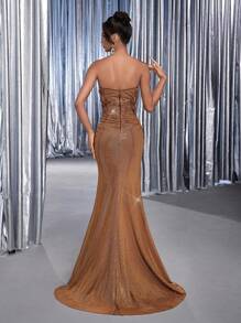 Glamrae Váy xòe đuôi cá xếp ly ren thêu mảnh, sang trọng, thanh lịch, sang trọng, phù hợp cho đám cưới, tiệc tùng, kỳ nghỉ, dạ hội, sự kiện trang trọng (Độ bền cao) - màu nâu - Xem 2