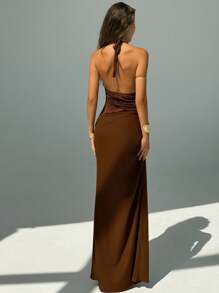 Aloruh Women Seductive Coffee Brown Summer Tropical Cocktail Wedding Guest Dress Lace Splice Halter Open-Back Side Cut-Out Bodycon Ruched Long Dress - Brown - View 3