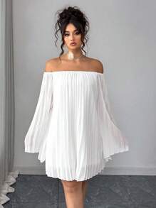 Elenzga 大码女式褶皱露肩宽松直筒连衣裙，休闲简约优雅，适合日常穿着，浪漫度假