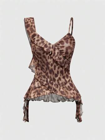 J-Fashion Camisola transparente con estampado de Leopardo sexy con escote en V y espalda descubierta, bajo Asymmetrico R