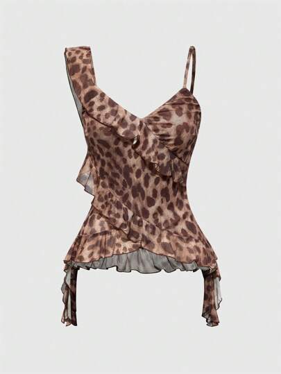 J-Fashion Camisola transparente con estampado de Leopardo sexy con escote en V y espalda descubierta, bajo Asymmetrico R
