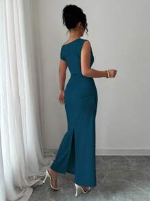 Elenzga 收腰修身优雅浪漫女士纯色不对称领口修身连衣裙 - 水鴨藍 - 查看 2