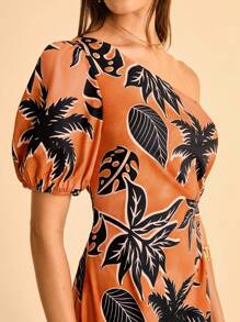 CAJUNI 女士棕榈树印花无袖泡泡袖长裙，度假风