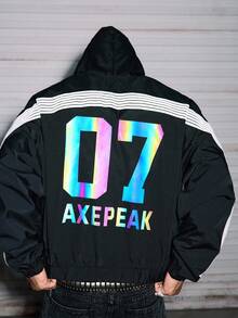 AXEPEAK 男士連帽對比色前拉鍊印花長袖夾克，適合秋冬春季，防風外套，字母細節，戶外穿著 - 黑色 - 查看 6