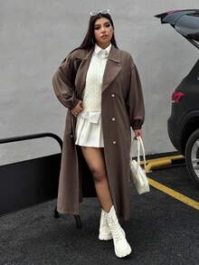 SHEIN EZwear 2025 秋冬新款休闲户外、派对、约会、度假多场合百搭大翻领双排扣系带超长驼色加大码风衣 - 咖啡棕 - 查看 4