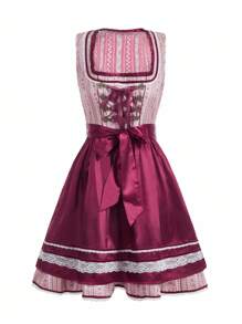 SHEIN Frenchy 女士复古刺绣网眼撞色无袖连衣裙 - 酒紅色 - 查看 1