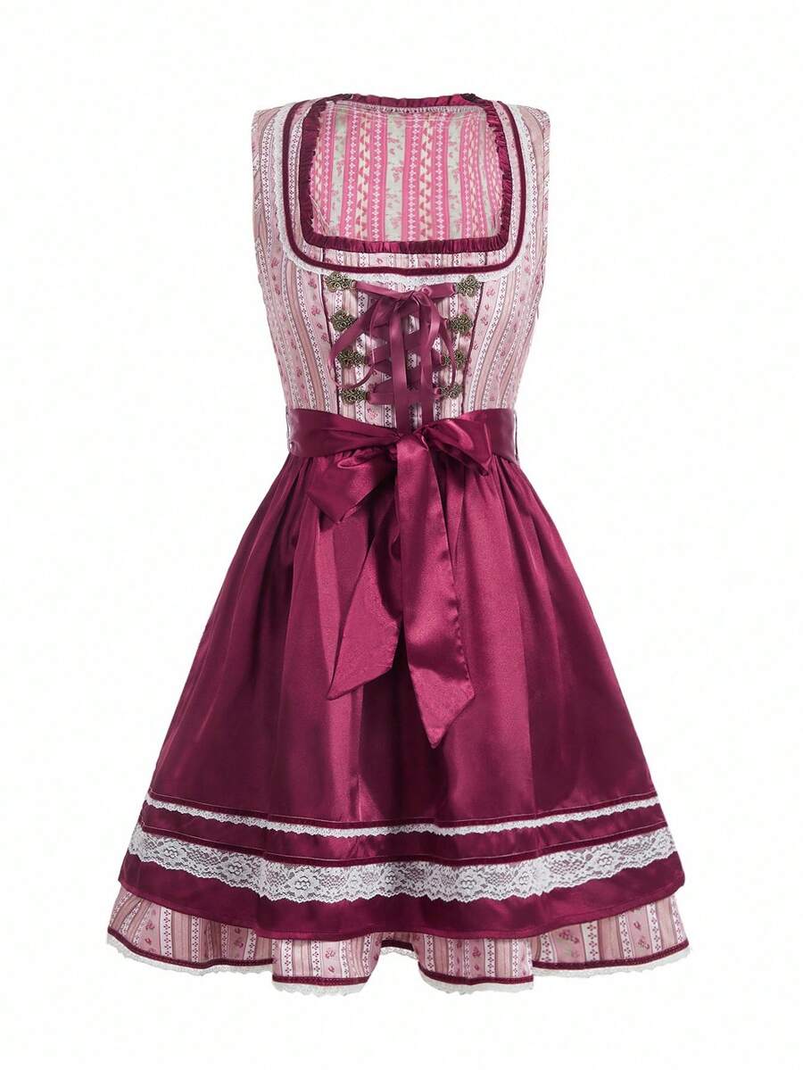 SHEIN Frenchy 女士复古刺绣网眼撞色无袖连衣裙 - 酒紅色 - 查看 1