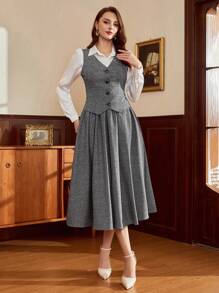 Vintamour Conjunto de traje de mujer vintage clásico y elegante con Top tipo chaleco, falda acampanada con bolsillos - Gris - Ver 5