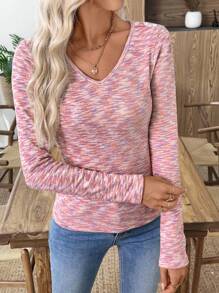EMERY ROSE maglietta versatile casual da donna con scollo a V e scollatura lunga - Rosa antico - Visualizzare 1