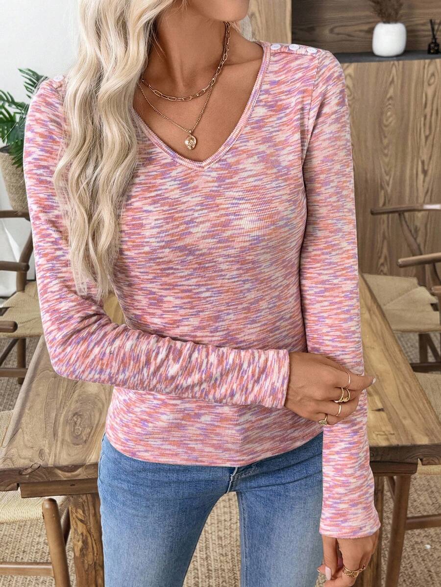 EMERY ROSE maglietta versatile casual da donna con scollo a V e scollatura lunga - Rosa antico - Visualizzare 1