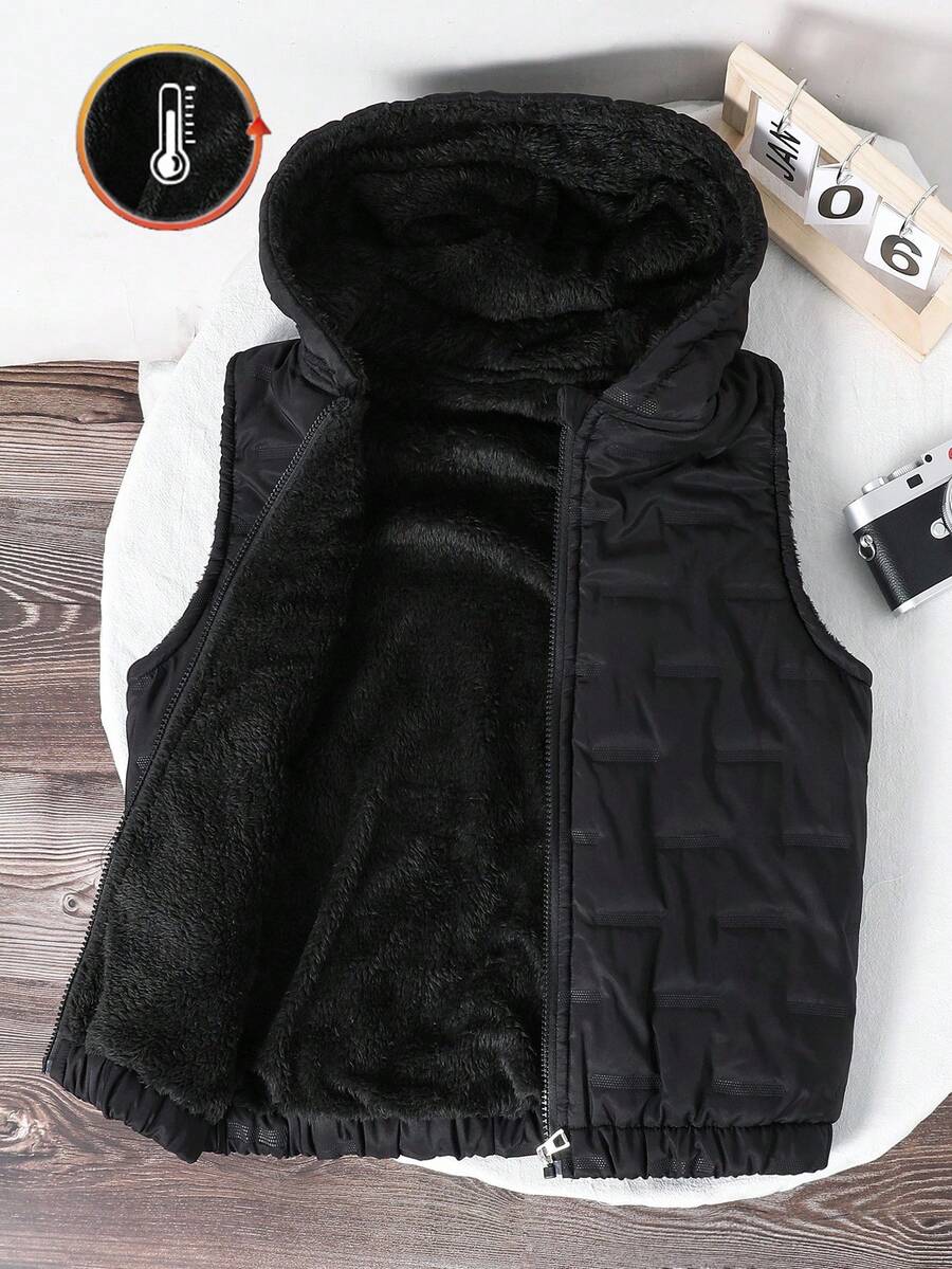 男童无袖连帽棉质背心，时尚保暖，适合秋冬 - 黑色 - 查看 1