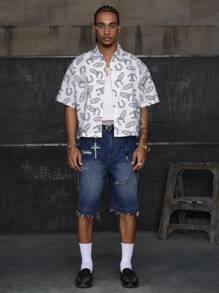 AXEPEAK 男士夏季全印花短袖单排扣休闲衬衫