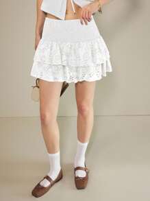 Muvela Women's Vacation Waist Drawstring Embroidered Ruffle Hem Short Skirt, Ruffle Layered Mini Skirt, Summer - White - View 3