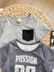 4Pcs Baby Boy Casual Set - Minimalist Letter & Plaid Pattern Round Neck Short Sleeve Top And Loose Pants, Spring/Summer Pajamas Graphic