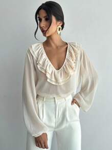 Firerie 女士优雅浪漫休闲百搭宽松深 V 领荷叶边长袖衬衫，适合秋夏季 - 黃色 - 查看 4