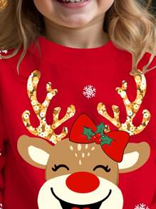 SHEIN Leap Crew 年轻女孩圣诞节可爱卡通驯鹿、圣诞树、雪花印花红色节日休闲宽松圆领舒适日常针织长袖运动衫，适合秋冬季 - 彩色 - 查看 3