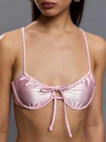 TypaGal Bộ bikini dây mảnh thắt nút màu trơn dành cho nữ - Hồng - Xem 4