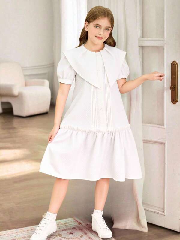 Vestido lindo con mangas abullonadas y volantes en el bajo para niñas preadolescentes, de unicolor para verano