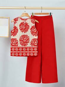 SHEIN Clasi 女士两件套花卉复古图案休闲夏季套装 - 紅色 - 查看 2