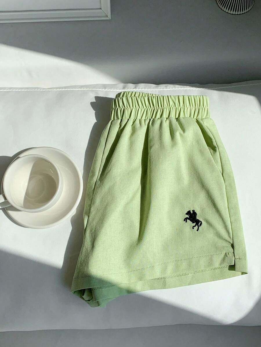 Comfortcana Pantalones cortos casuales de mujer de mini-longitud con estampado de caballero en color verde lima, de corte holgado