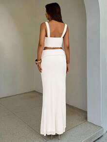 Aloruh 2pcs/Set Women's Sexy Ruched Bustier Cropped Top And Fishtail Hem Bodycon Skirt, Fitted - White - View 3