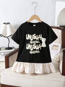 Young Girl Knit Patchwork Ruffle Hem Casual Short Sleeve Dress Young Girl Clothes Summer, Girls School Uniform, School Tops, Tops For School - Multicolor - View 1